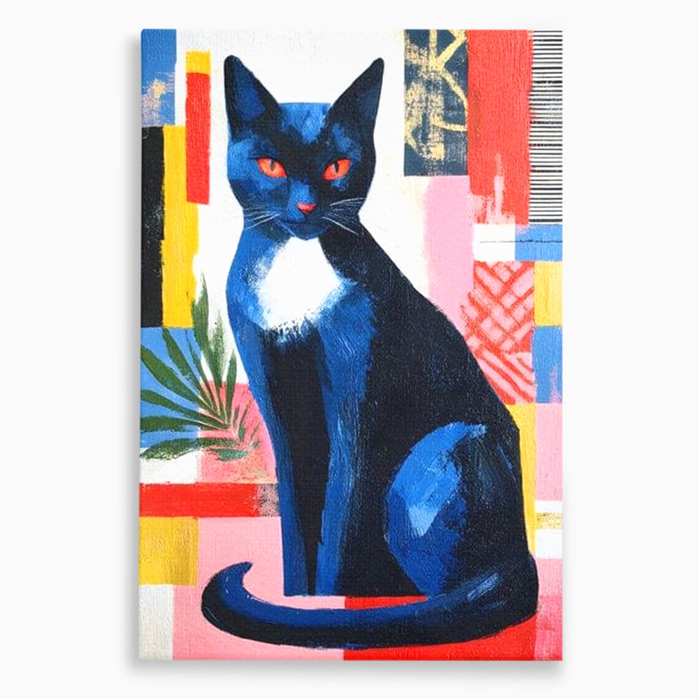Tablou canvas cu tablou canvas cu pisica albastra stilizata, fara rama, pe sasiu de lemn